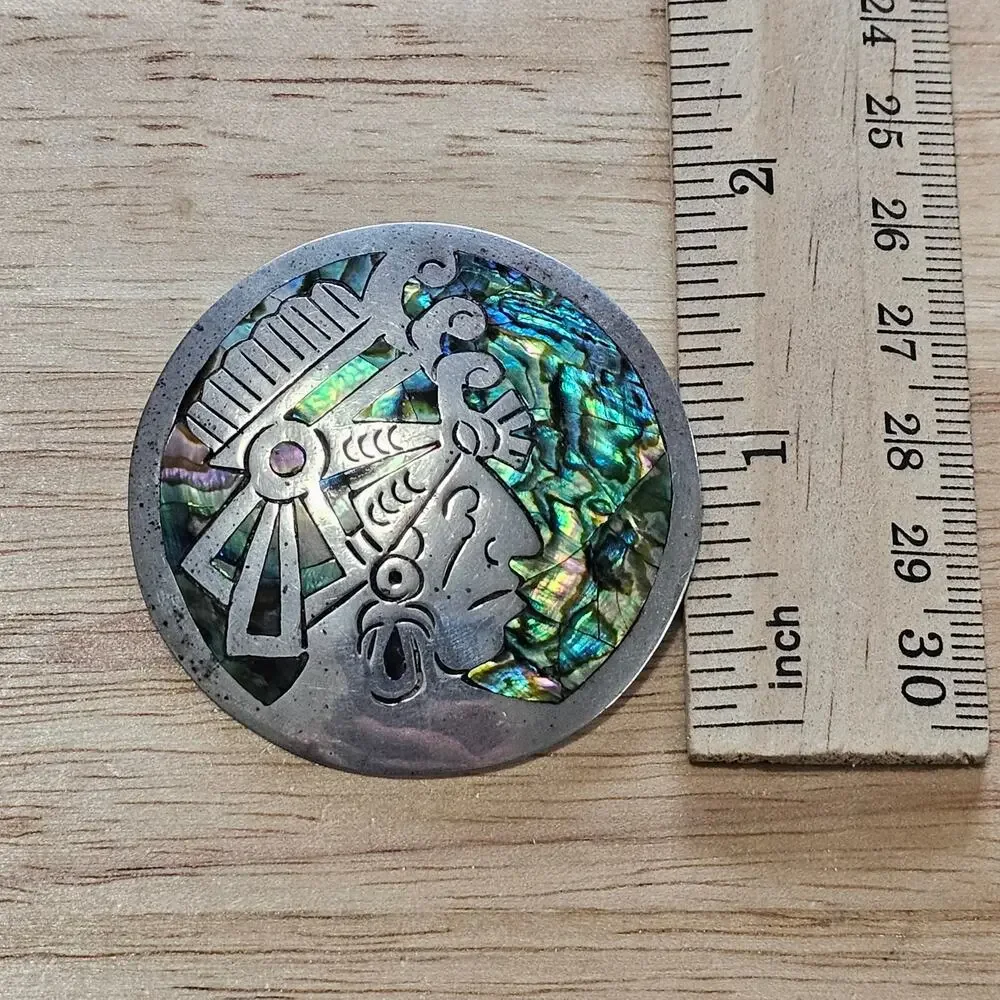 Vintage Narvaez Taxco Sterling Silver & Abalone Aztec Warrior Brooch & Pendant